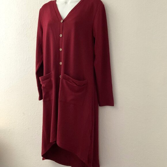 BURGUNDY HIGH LOW BUTTON-DOWN CARDIGAN DUSTER - Picture 6 of 8